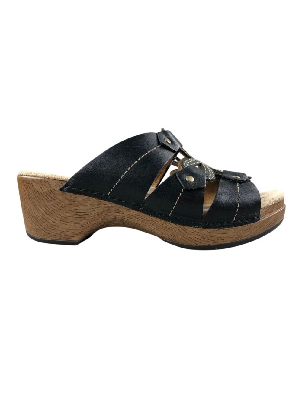 Dansko Women's EU 37 (6.5-7) Serena Black Leather Slip On Open Toe Wedge Sandals